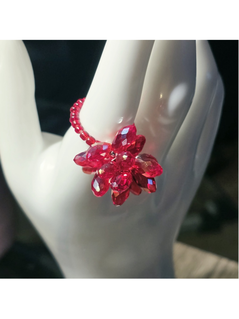 Red Faceted Crystal Flower Statement Ring Chunky Beaded Stretch Band Costume...